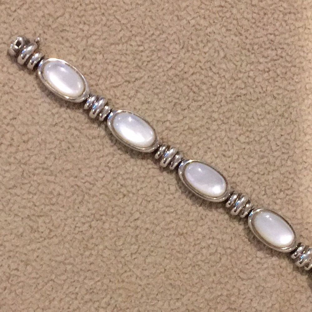 Vintage Mother of Pearl Cabochon Sterling Silver 925 Bracelet - Picture 12 of 12